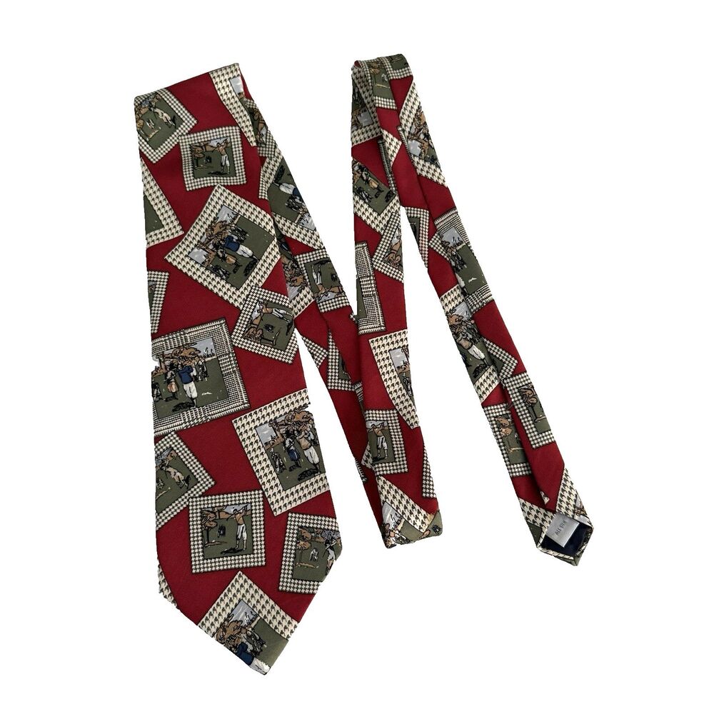 Vtg PIERRE CARDIN Throw Back Golf Themed SHORT Tie 100% Silk Maroon Olive 4 x 56